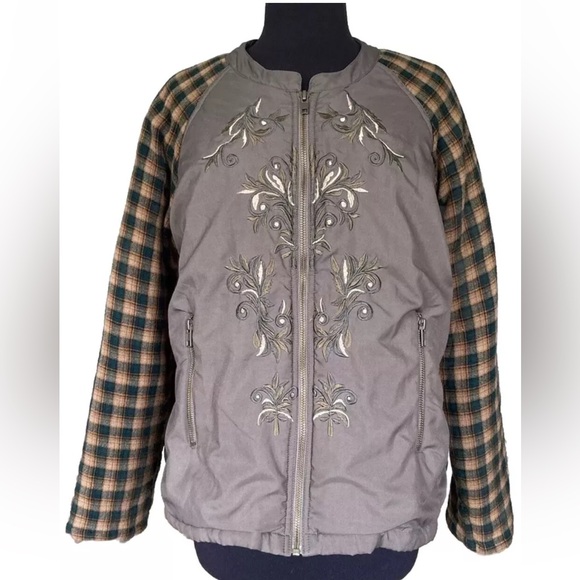 Sundance Bomber Jacket Green Embroidered Plaid Sleeves Size Large - Picture 8 of 8